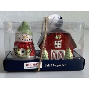 True North Christmas Salt Pepper Shakers Snowman & Barn Farmhouse Winter NWT